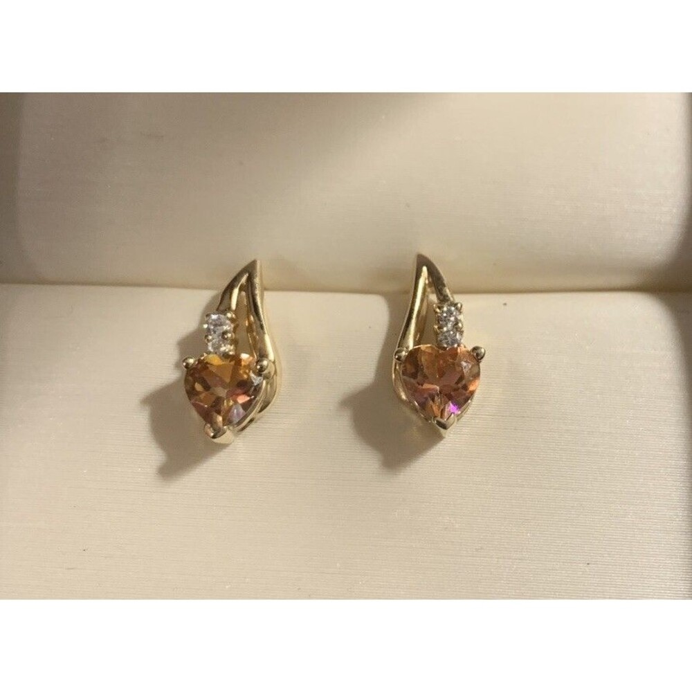 Vintage 10K Yellow Gold Heart Topaz & CZ Earrings .80ctw Estate